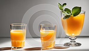 Three glasses of orange juice with a leaf on top