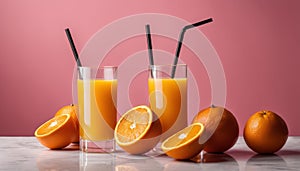 Three glasses of orange juice with oranges