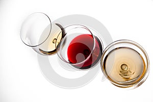 Three glasses with red and white wine, the top view
