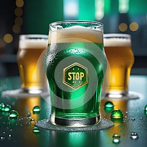 Three glasses of refreshing beer with STOP written on one of the glasses.
