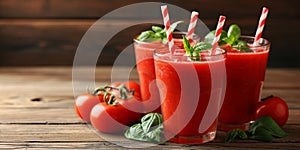 Three glasses of smoothie with tomatoes and straws on a table, AI