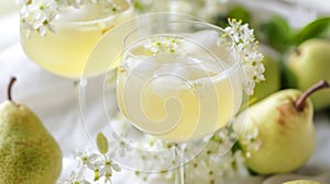 Three Glasses of White Wine With Pears and Flowers
