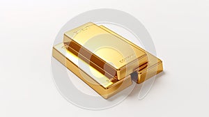 Three glittering gold ingots sitting on a pristine white surface, representing finance .