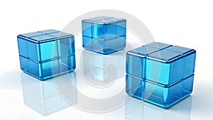 Three glossy blue cubes on a white background ,