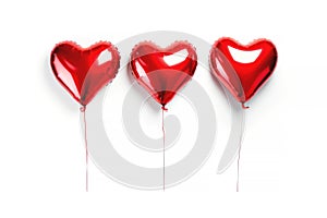 Three glossy red heart-shaped balloons on a white background. Suitable for Valentine's Day and Mother's Day