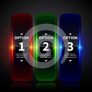 Three glowing vertical banners with numbers and descriptions. Useful for web design, advertising or presentations.