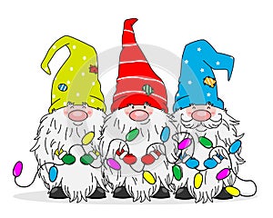 Three gnomes with Christmas lights