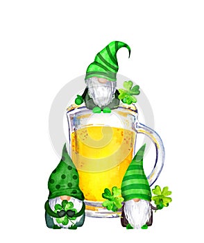 Three gnomes in irish green colors with beer mug, lucky four 4 leaves clovers. Watercolor