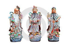 Three gods of Chinese people isolated on white background, Hock Lok Siew or Fu Lu Shou