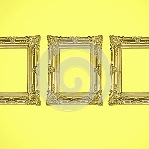 Three Gold Antique Photo Frames on Yellow Background