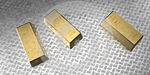 Three gold bars of 1000 grams are located on a metal sheet with notches. 3d rendering
