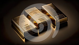 Three Gold Bars Lying Illuminated On A Dark Background - Generative AI