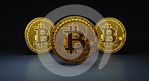 Three gold bitcoins on blue reflective surface, 3d Rendering photo
