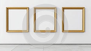Three gold framed empty pictures on white wall