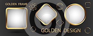 Three gold frames with a white background and golden elements for design. Set. Vector