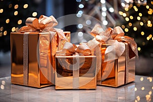 three gold gift boxes with bows on a table in front of a christmas tree