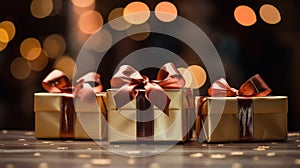 three gold gift boxes with brown ribbons on a wooden table with bokeh lights