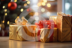 three gold gift boxes with red ribbons sitting on a table in front of a christmas tree