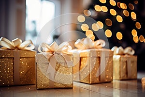 three gold gift boxes sitting on the floor in front of a christmas tree