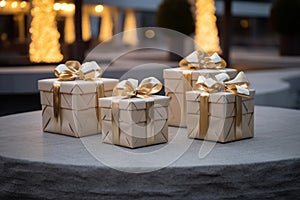 three gold gift boxes sitting on a table in front of a christmas tree