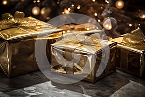 three gold gift boxes sitting on a table in front of a christmas tree