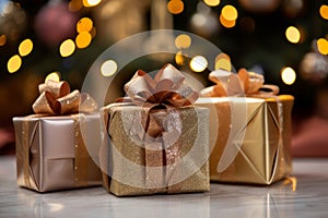 three gold gift boxes sitting on a table in front of a christmas tree