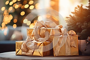 three gold gift boxes sitting on a table in front of a christmas tree