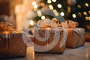 three gold gift boxes sitting on a table in front of a christmas tree