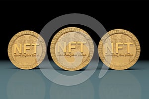 Three Gold NFT coins on blue and black background. Non-fungible token