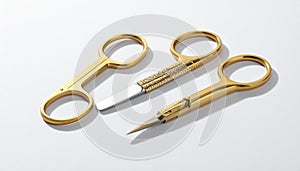 Three Gold and Silver Scissors on a White Background metal tool