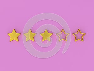 Three gold stars on a pink background. Rating of a hotel, restaurant, mobile app or cafe. The status of the institution