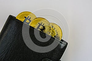 Three golden bitcoins lie in black leather wallet closeup