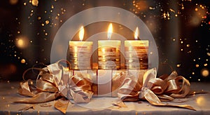 Three golden candles with bokeh backdrop