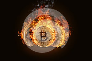 Three Golden Coins Bitcoin burning in a fiery flame on a dark background. Electronic money, the burning of crypto currency