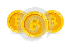 Three golden coins with bitcoin symbol isolated on white background.