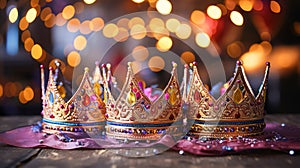 Three golden crowns sparkling festive background. Epiphany Day, Three Kings Day. Religious winter holidays card template