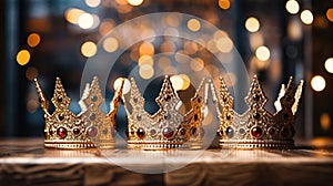 Three golden crowns sparkling festive background. Epiphany Day, Three Kings Day. Religious winter holidays card template