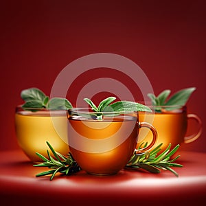 Three golden cups of tea with green leaves on a red background