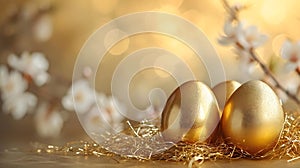 Three Golden Easter Eggs on Grass Covered Field. Generative AI