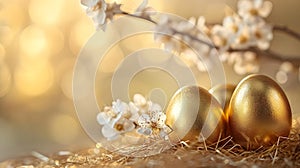 Three Golden Easter Eggs on Grass Covered Field. Generative AI