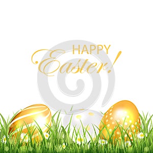 Three golden Easter eggs on white background