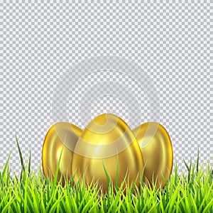 Three golden eggs on a grass. Vector illustration for Easter.