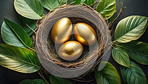 three golden eggs in a wicker bird's nest