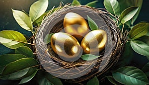 three golden eggs in a wicker bird's nest