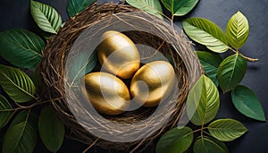 three golden eggs in a wicker bird's nest