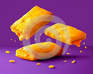 Three Golden Fried Cheese Sticks Floating with Crumbs on a Vibrant Purple Background Snack Food Concept