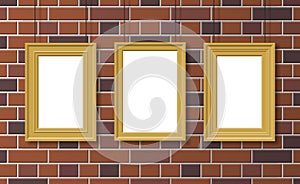 Three golden picture frames hanging on brick wall mock up