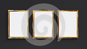 Three golden rectangle frames isolated on black background. 3D render.