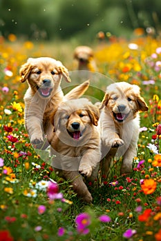 Three golden retriever puppies running through field of flowers. Generative AI