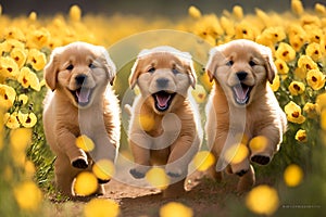 Three golden retriever puppies running through field of yellow flowers. Generative AI